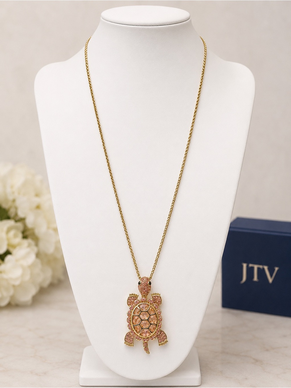 JTV Off Park Collection Pink Crystal Sea Turtle Pendant Necklace Gold Tone 32”